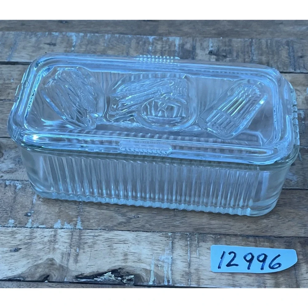 1940s Federal Glass Clear Ribbed Vegetable Harvest Refrigerator Dish
